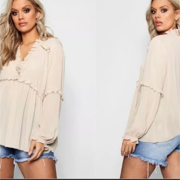 Boohoo Plus Ruffle Detail Plunge Beige Cream Blouse Size 20 Plus Size - Picture 3 of 10